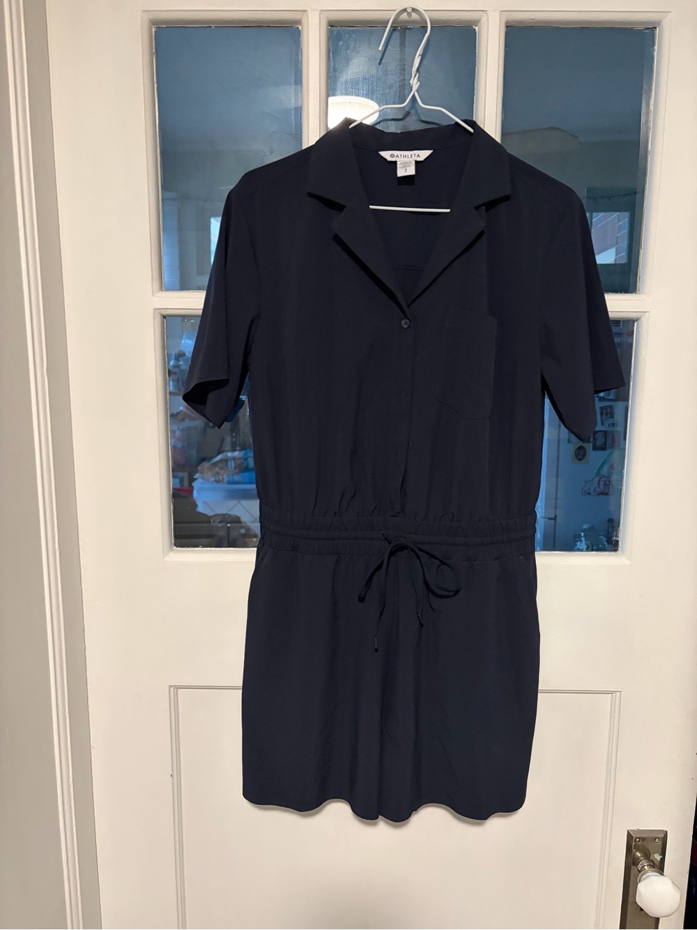 Athleta Navy Short Sleeve Drawstring Romper Dress